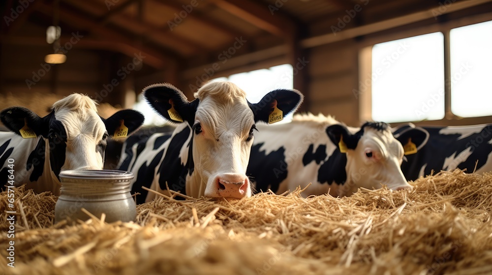 Black and white cow eating hay, Feeding cows.