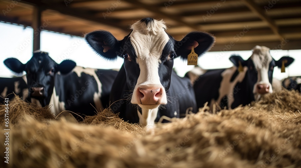 Black and white cow eating hay, Feeding cows.