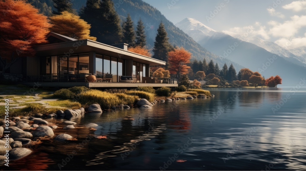 Beautiful cozy riverfront house and warm autumn ambience.