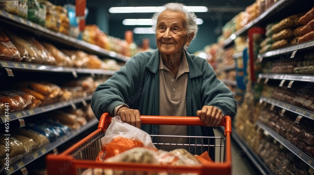 Elderly man takes groceries from a store shelf with full shopping cart in supermarket.