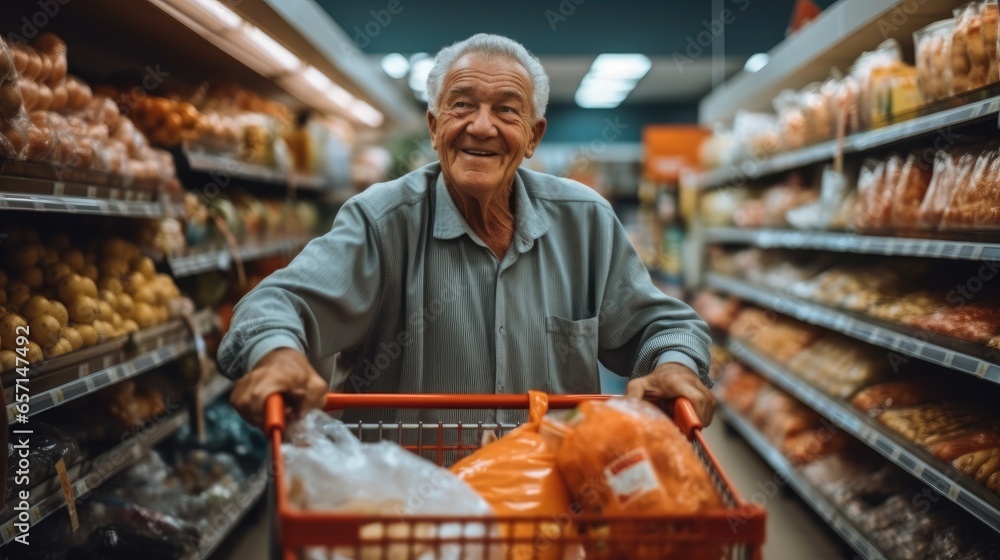 Elderly man takes groceries from a store shelf with full shopping cart in supermarket.