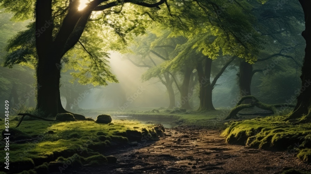 Forest deciduous trees oaks old trees foggy morning light.