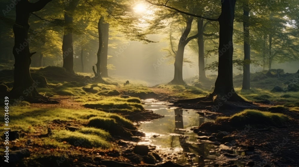 Forest deciduous trees oaks old trees foggy morning light.