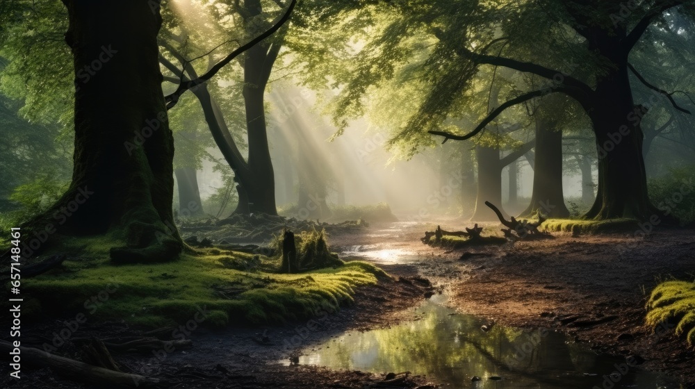 Forest deciduous trees oaks old trees foggy morning light.