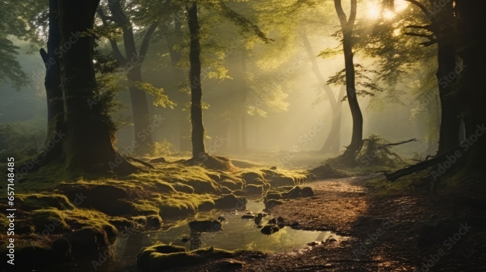 Forest deciduous trees oaks old trees foggy morning light.