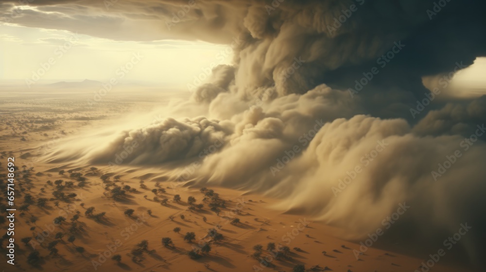 Gigantic dark dust storm in desert.