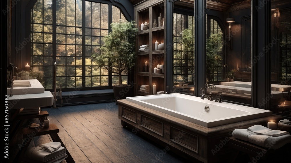 Luxury bathroom with cozy dark wood.