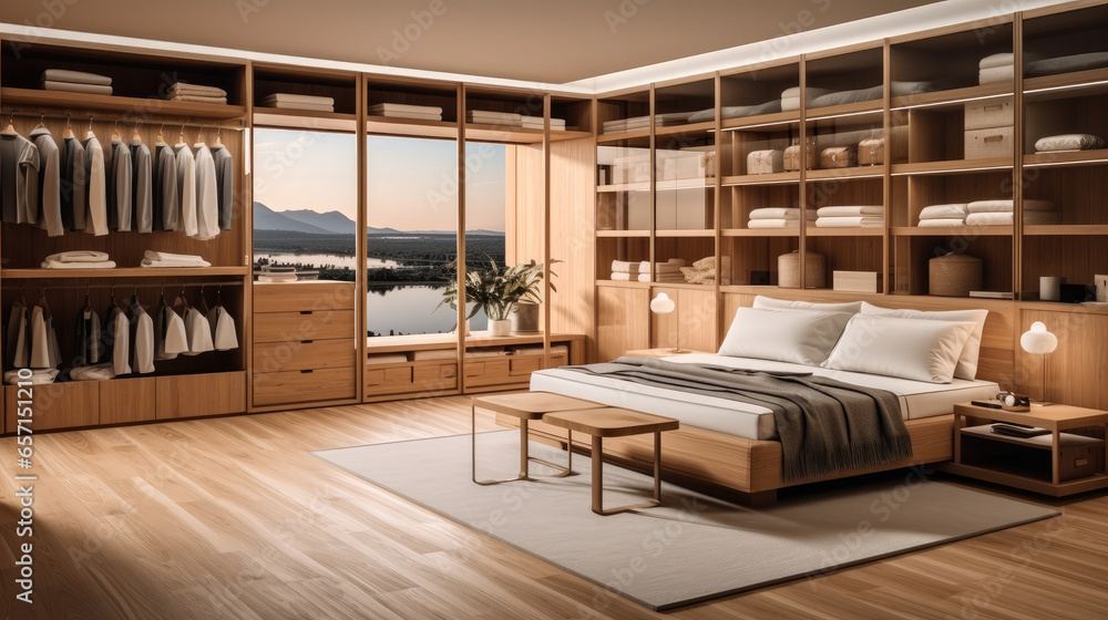 Luxury Bedroom and wardrobe at modern house.