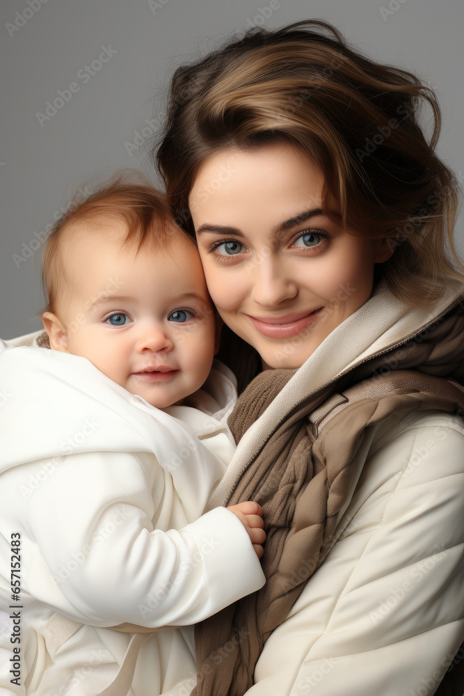 Mother and baby are happy on white background.