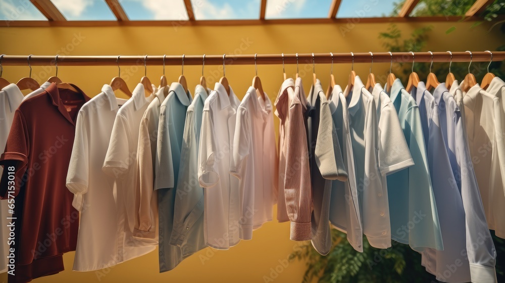 Washed clothes hanging on the clothesline.