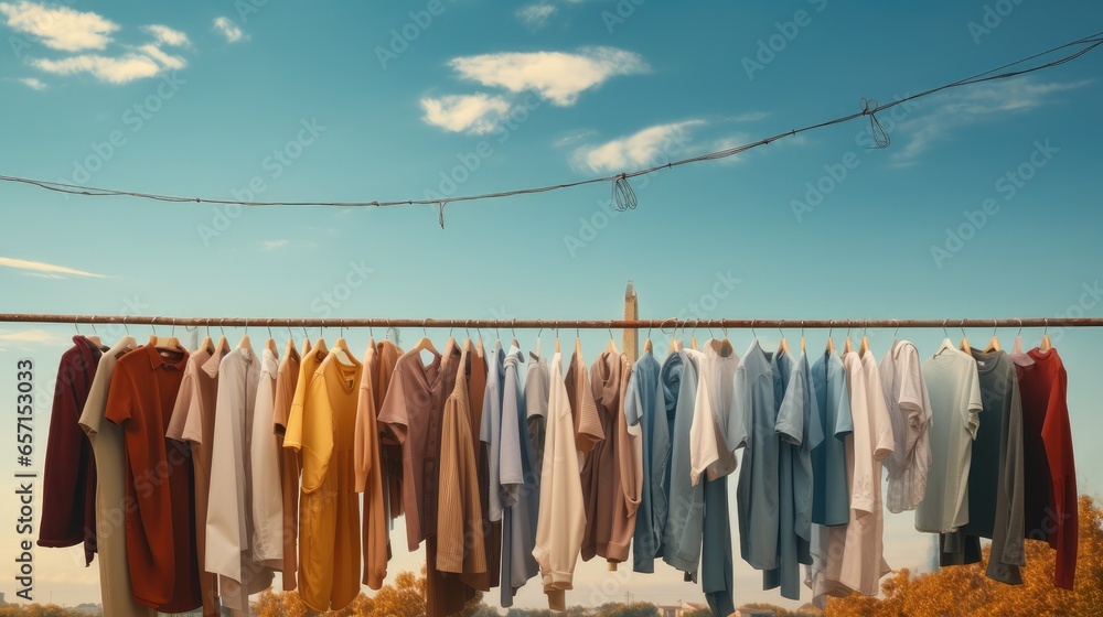 Washed clothes hanging on the clothesline.