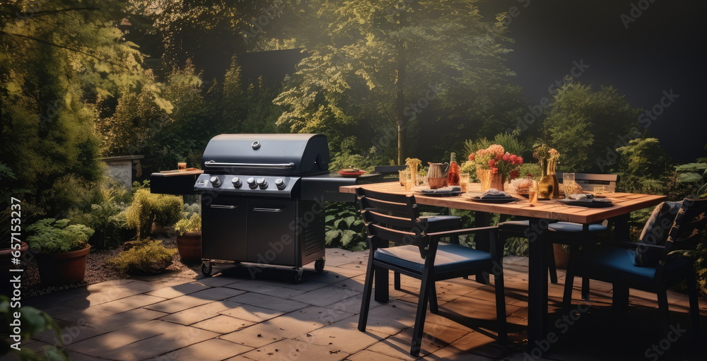 BBQ grill and seating at backyard for dinner party.