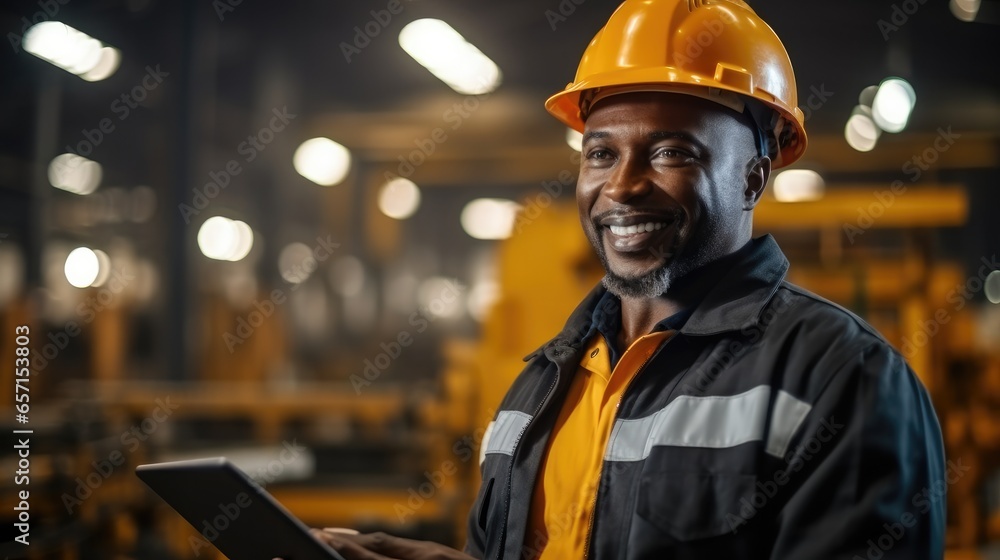 African American Industrial Specialist doing inspection and working at metal construction manufacture.