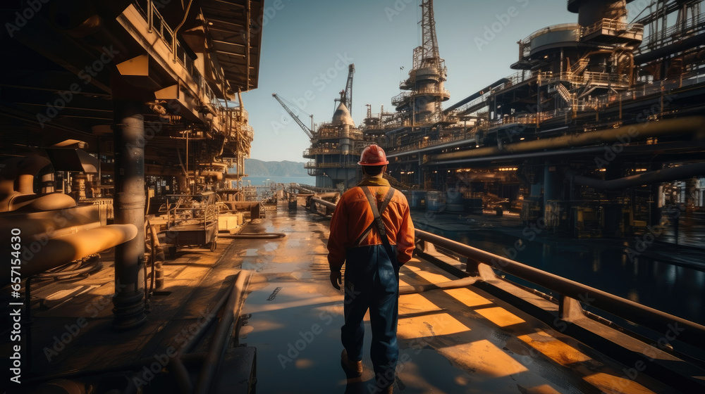 Engineer at work on offshore oil rig.