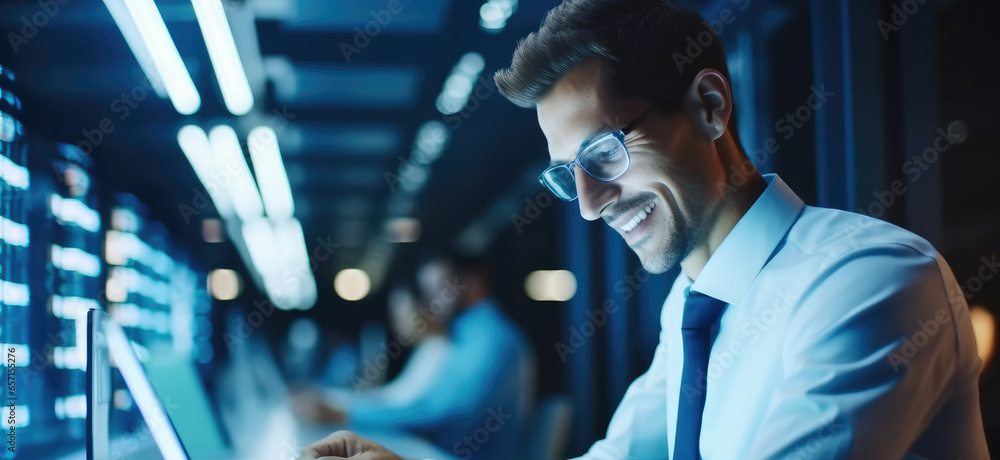 Technician man using a laptop while working in a data centre.