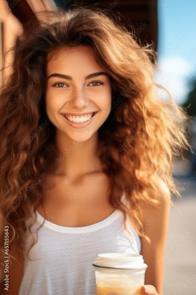 Smiling girl holding a jar of sunscreen.