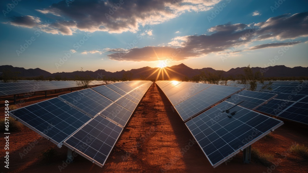 Solar panels in the desert at sunset.