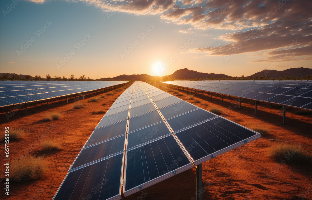 Solar panels in the desert at sunset.