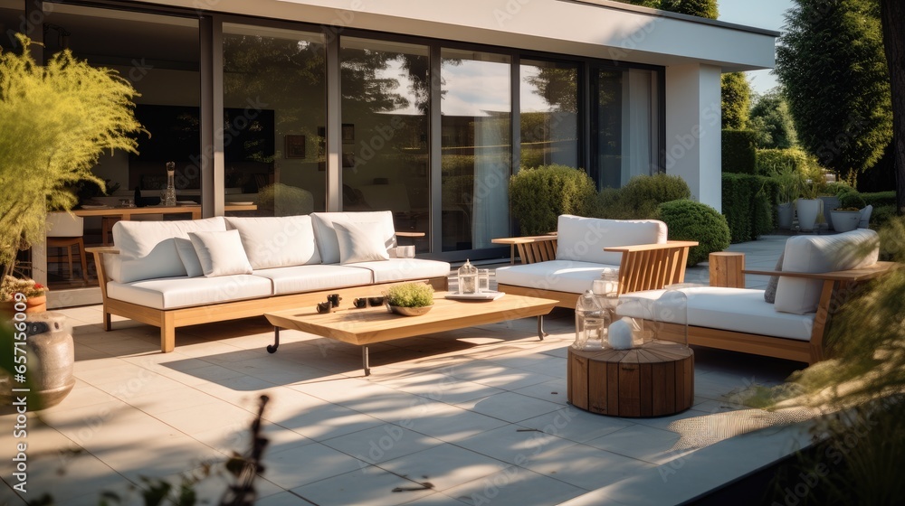 Porch in a stylish Luxurious house, House terrace with modern garden furniture area.