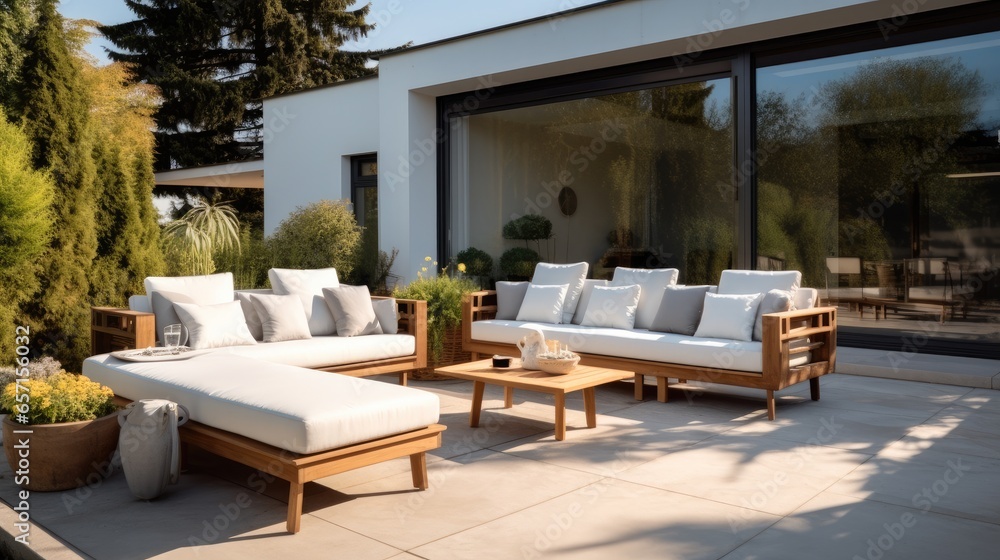 Porch in a stylish Luxurious house, House terrace with modern garden furniture area.