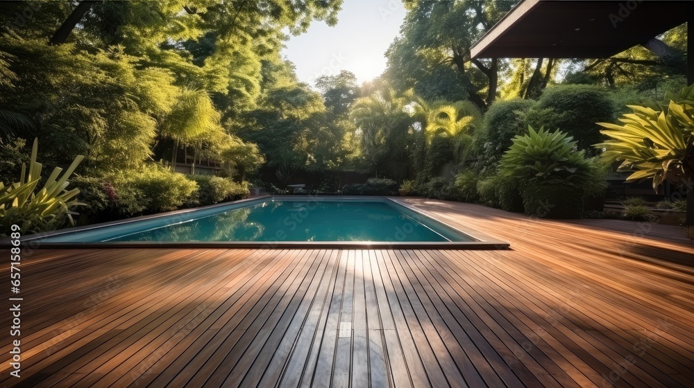 Swimming pool in garden, Wooden floor swimming pool in backyard.