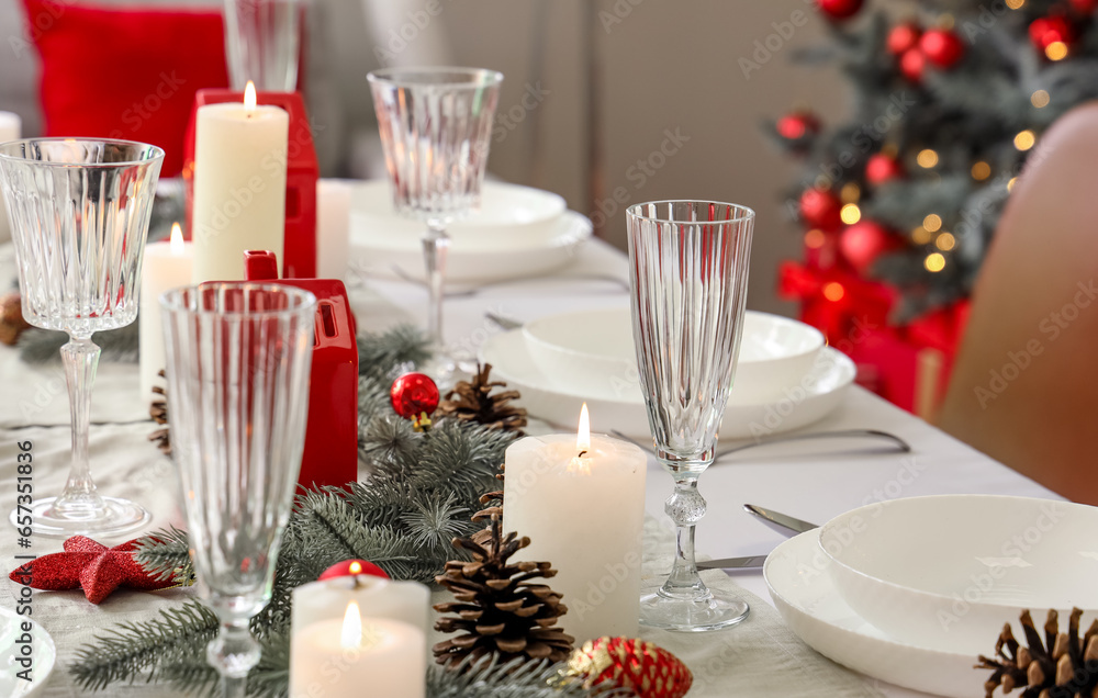 Festive table setting with Christmas decor at home