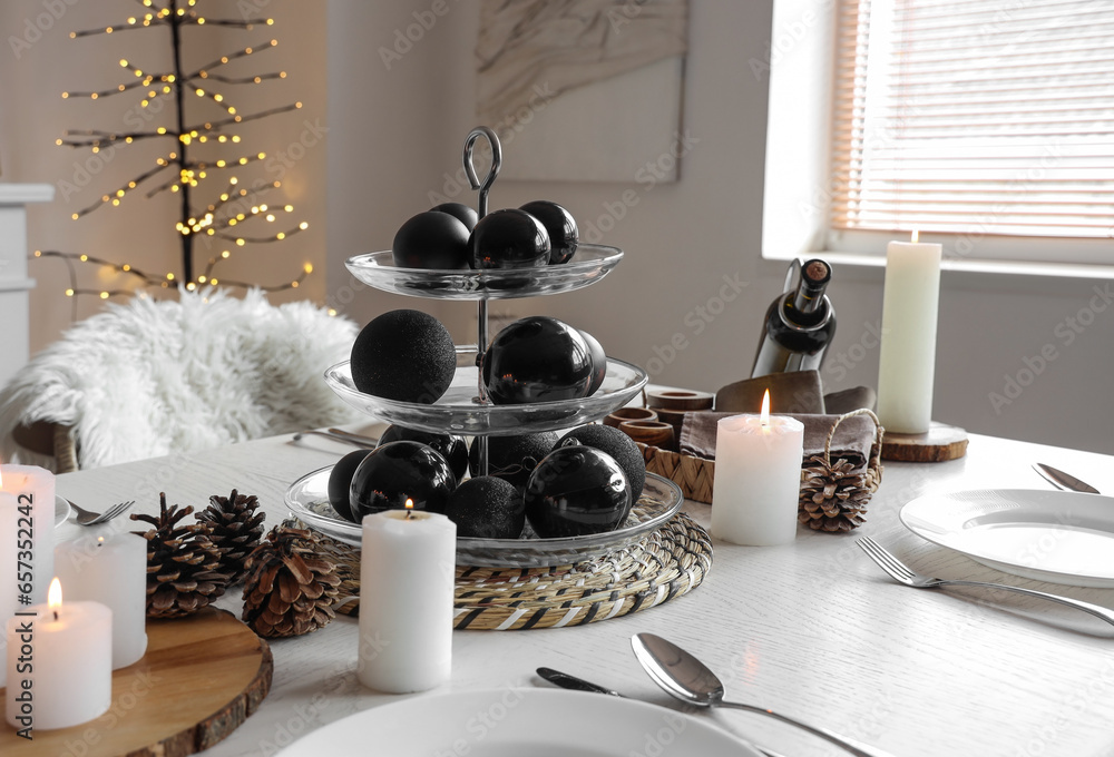 Festive table setting with Christmas decor at home