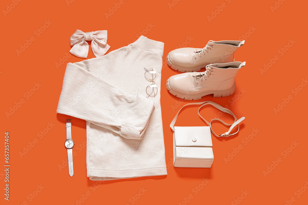 Composition with stylish female sweater, shoes and accessories on color background