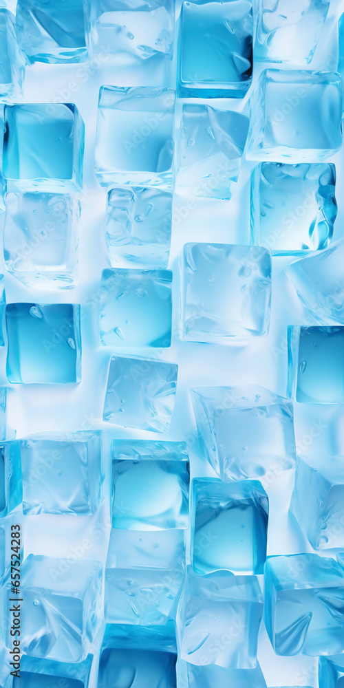 Ice cubes bluish background. Frozen water. Cold fresh concept. Generative AI