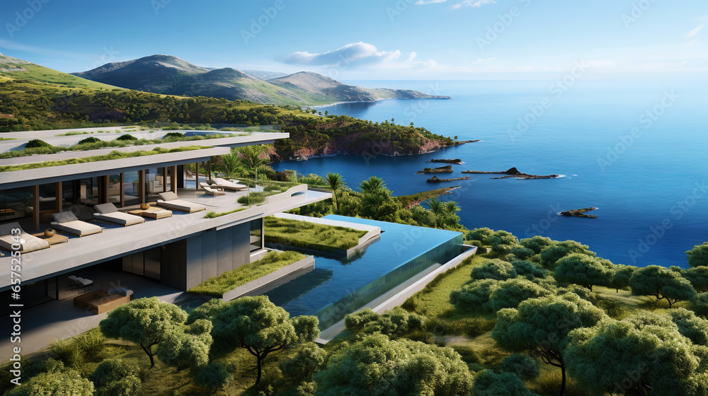 Luxury contemporaty villa on a mountain hill with a view on ocean. Generative AI