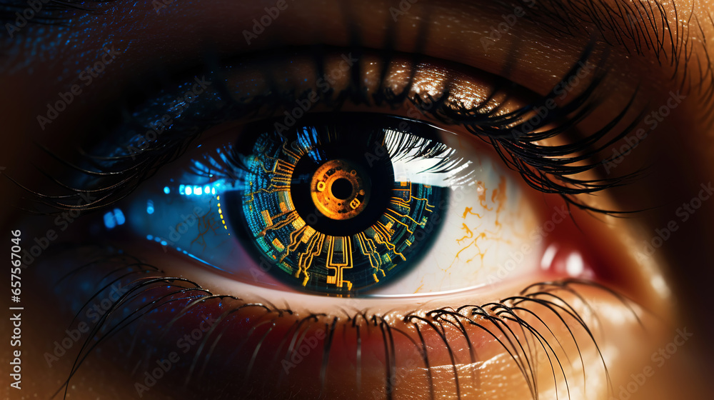 Female android robot eye close up. Digital iris of cyber woman. Bionic technology concept. Generative AI