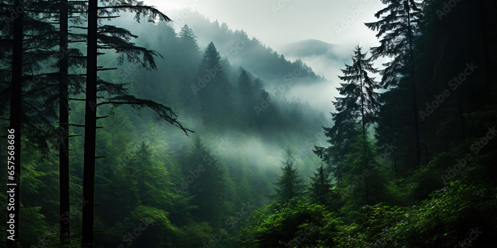 Misty mountain landscape with fir forest in vintage retro style. Generative AI