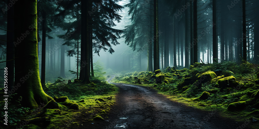 Misty road in fir forest. Minimalistic scenery. Generative AI