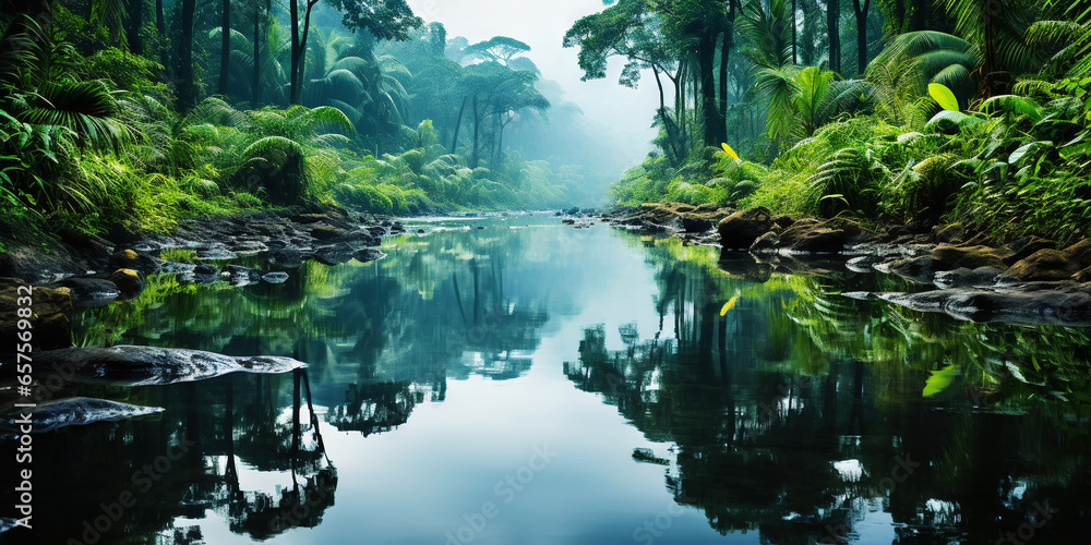 Tropical rainforest around river covered with mist. Generative AI