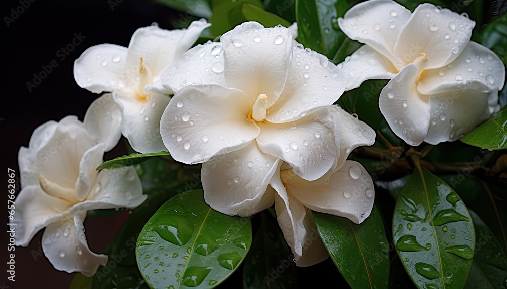 Gardenia flowers after the rain. The image fills the whole frame.