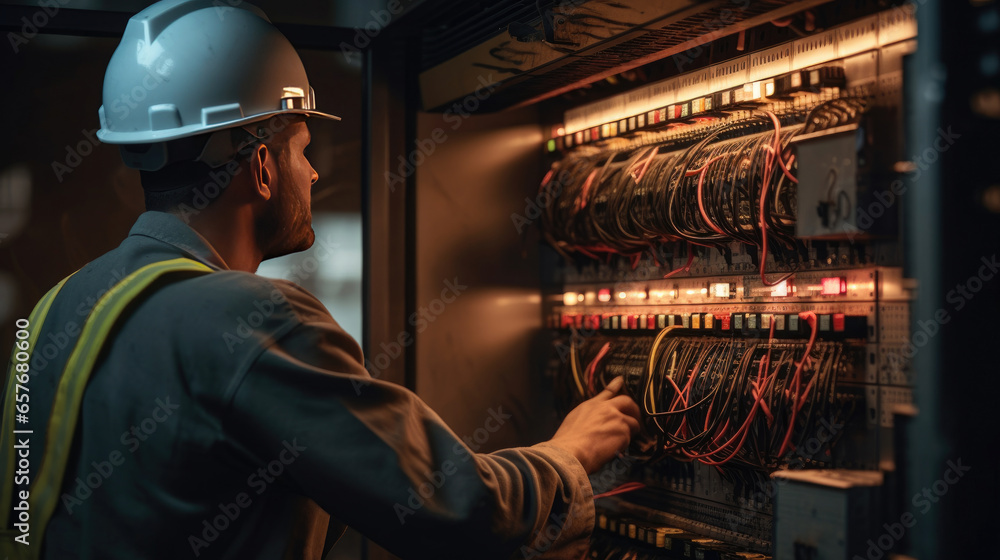 Electrician, Technician checking fuse box in control room. Generative Ai