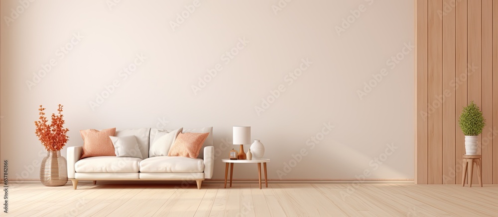 Minimalistic Scandinavian interior with a beautiful bright room featuring cozy wooden elements in warm beige tones