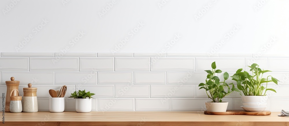 Scandinavian modern style kitchen with white details plants on wooden table ceramic brick wall background promoting sustainable and eco friendly living