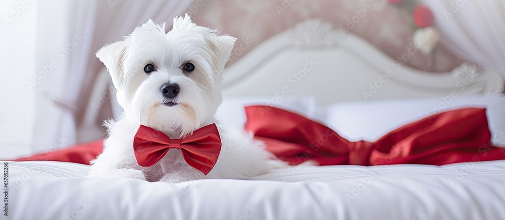 A dog with a red bow is sitting on a bed and posing for a picture