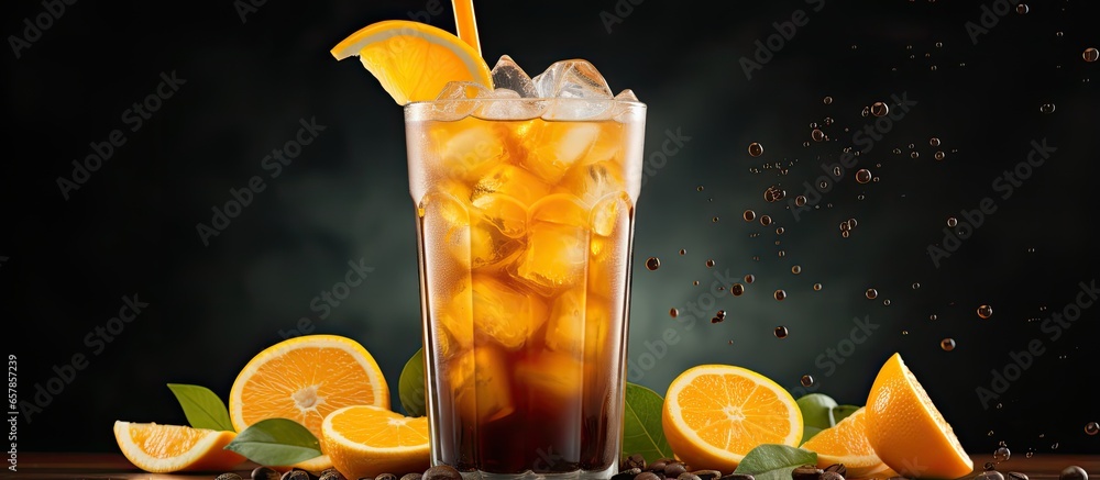 Trendy summer iced drink bumble coffee with orange juice and espresso in a glass