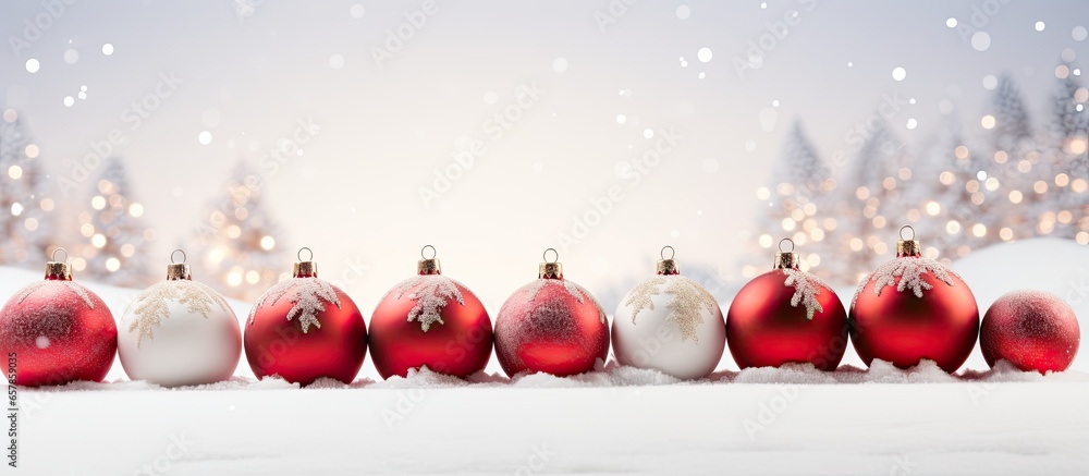 Snow covered backdrop with space for your text adorned with Christmas ornaments