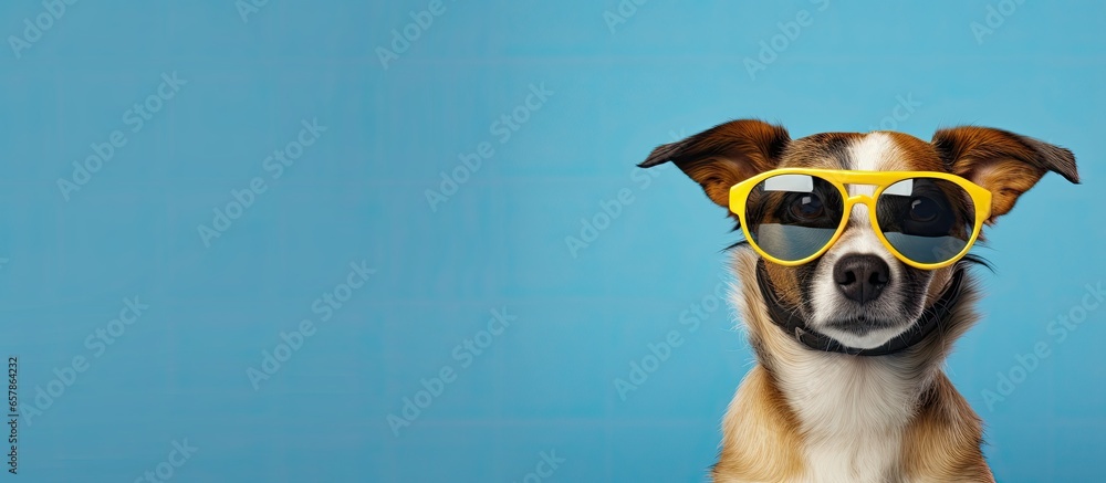 Stylish dog in denim vest and sunglasses