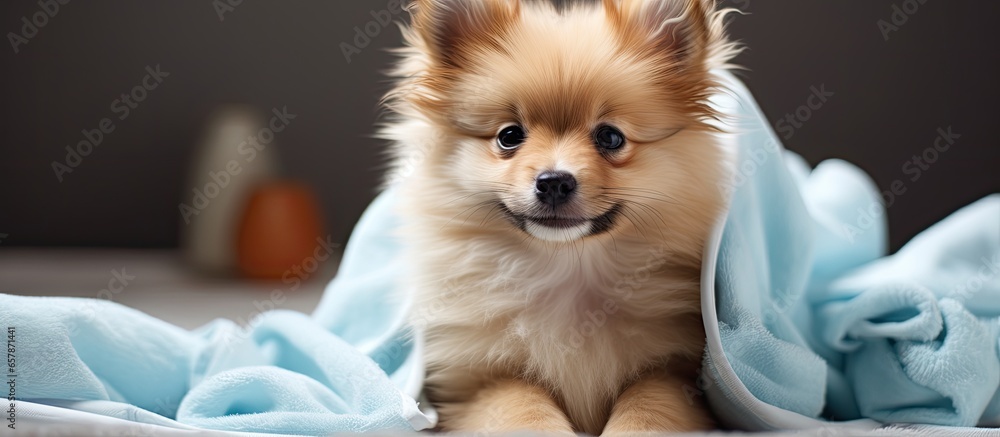 Adorable spitz pup in bathrobe resting on towel