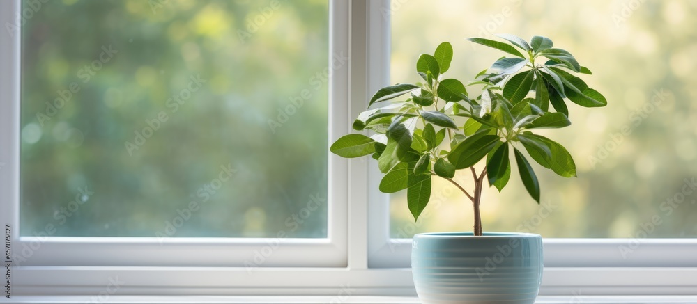 Window display featuring a small potted plant