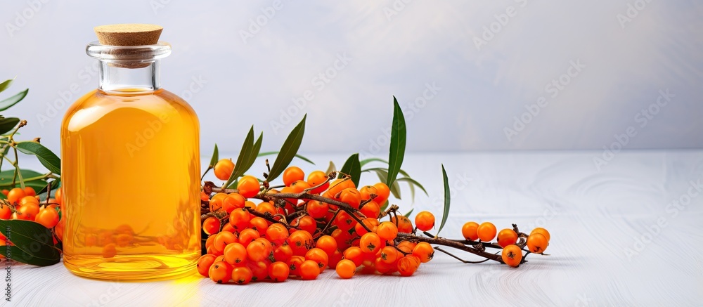 Sea buckthorn themed glass bottle on a light background representing self care beauty practices