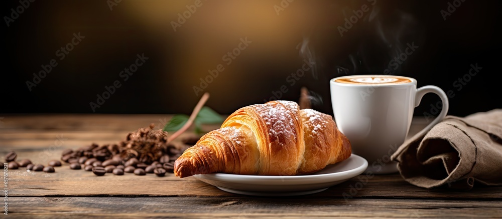 Cappuccino and croissant on wood table