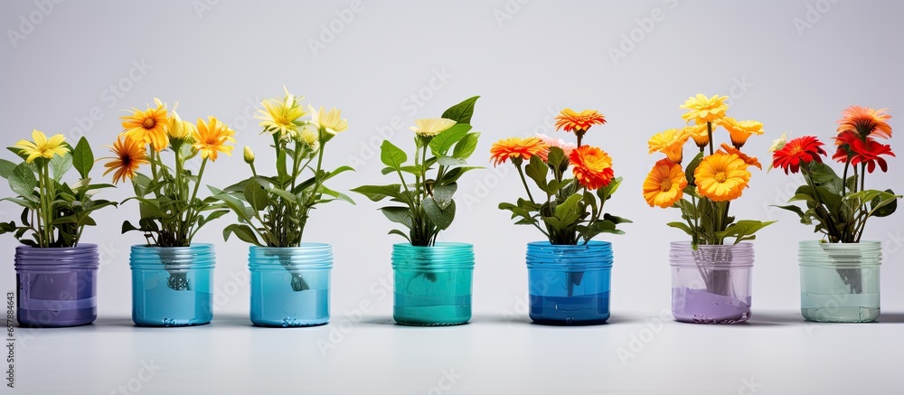 Reused plastic bottles turned into colored flower pots