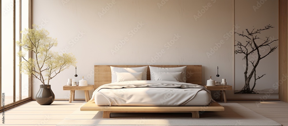 Zen style modern Japandi bedroom interior