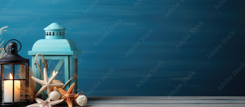 Festive decorations on a light blue table with space for text including a Christmas lantern with a burning candle