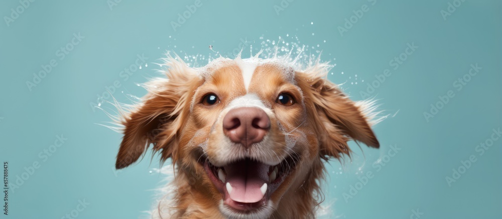 Tongue out dog happily post bath